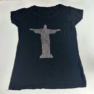 Black Graphic Women's Top Christ Redeemer Rio de Janeiro Design Size Large